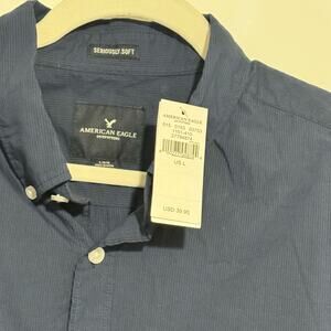 American Eagle Shirt Mens Large Navy White Ombre Button Seriously Soft NWT